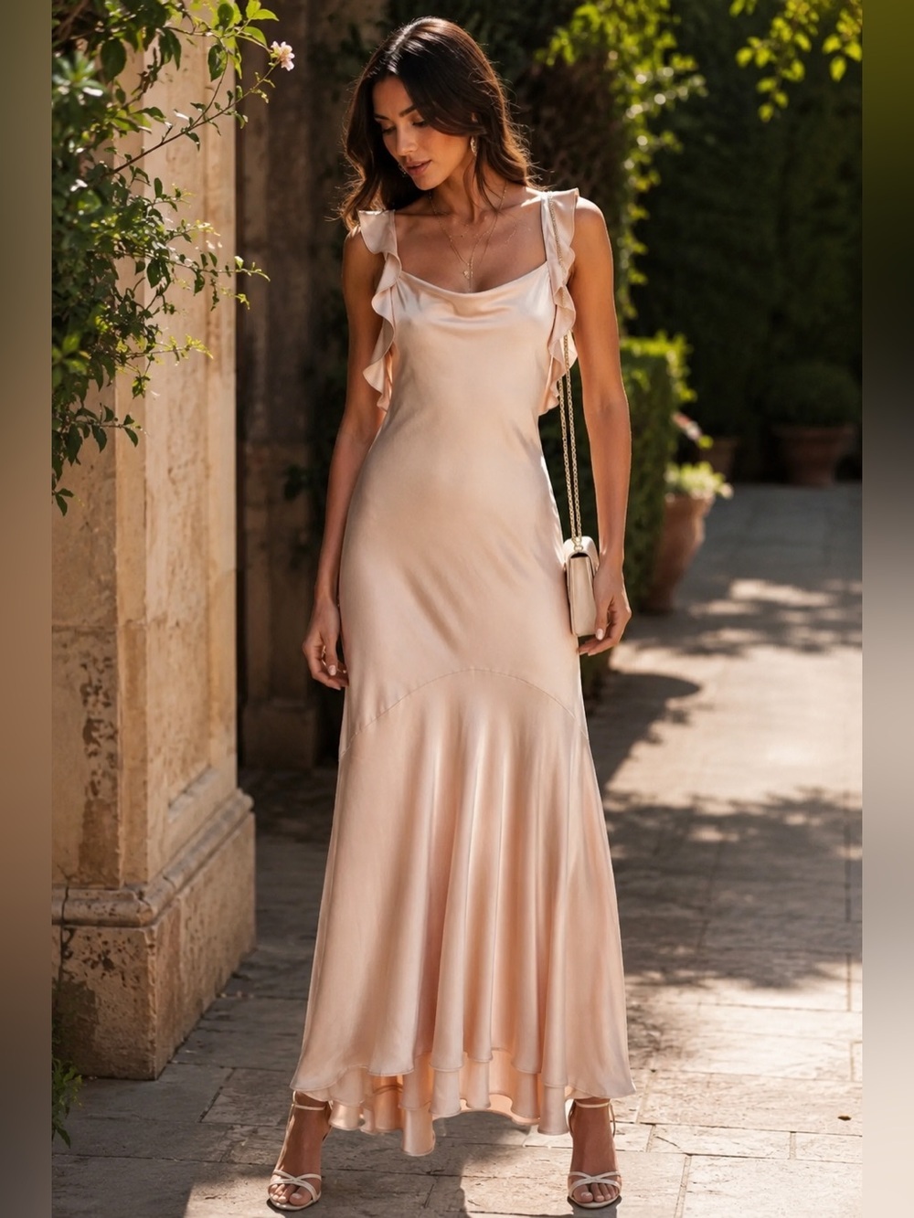 Lulus Meadow Ruffled Shoulder Satin Maxi Gown Dress in Blush Pink Bridesmaid